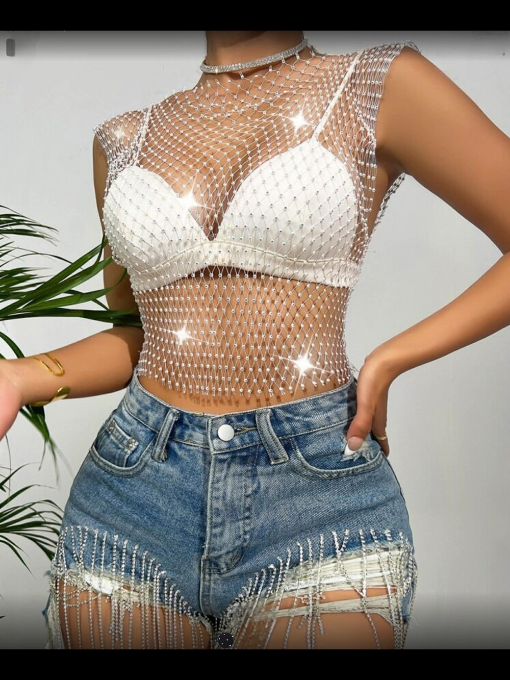 SHEIN White Rhinestone Mesh Crop Top